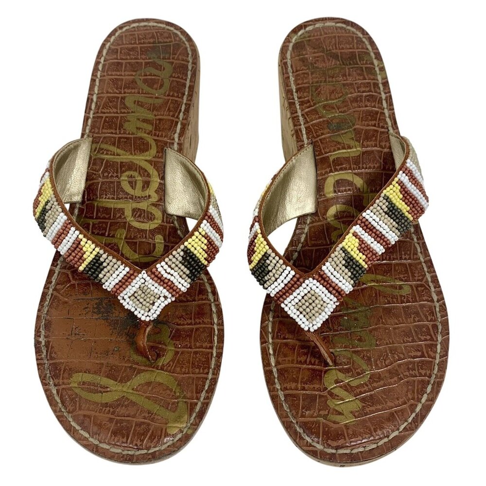 SAM EDELMAN Women 7.5 ROSA Beaded Cork Wedge Sandals Shoe Beiges Flip Flops